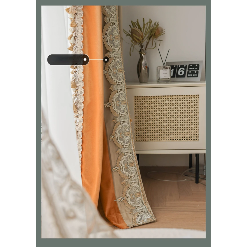 cream-with-orange-velvet-lace-curtains, velvet-curtains, luxury-curtains, blackout-curtains, edit-home-curtains