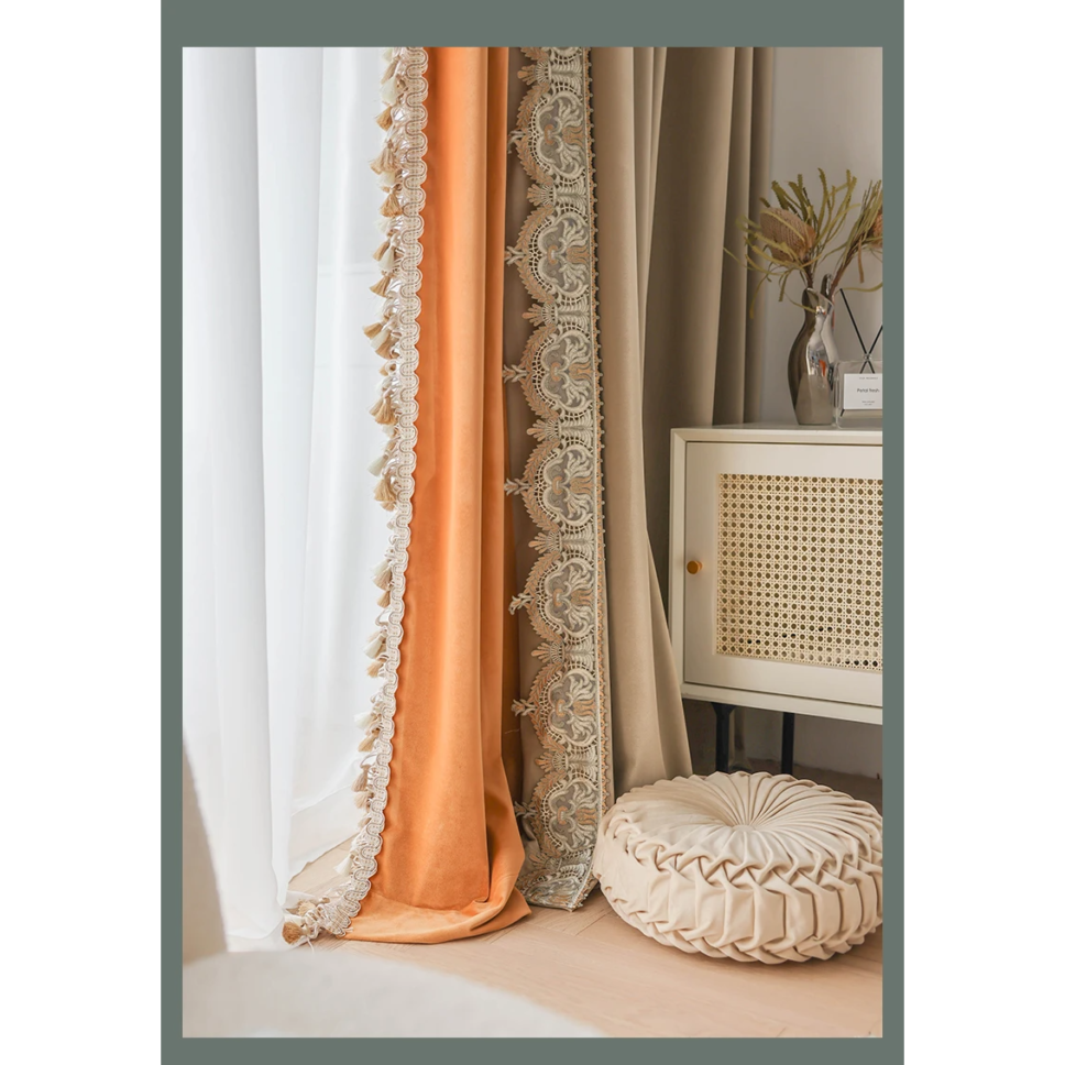 cream-with-orange-velvet-lace-curtains, velvet-curtains, luxury-curtains, blackout-curtains, edit-home-curtains